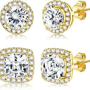 Elegant 18K Gold-Plated Silver Cubic Zirconia Halo Stud Earrings Set for Men Wom